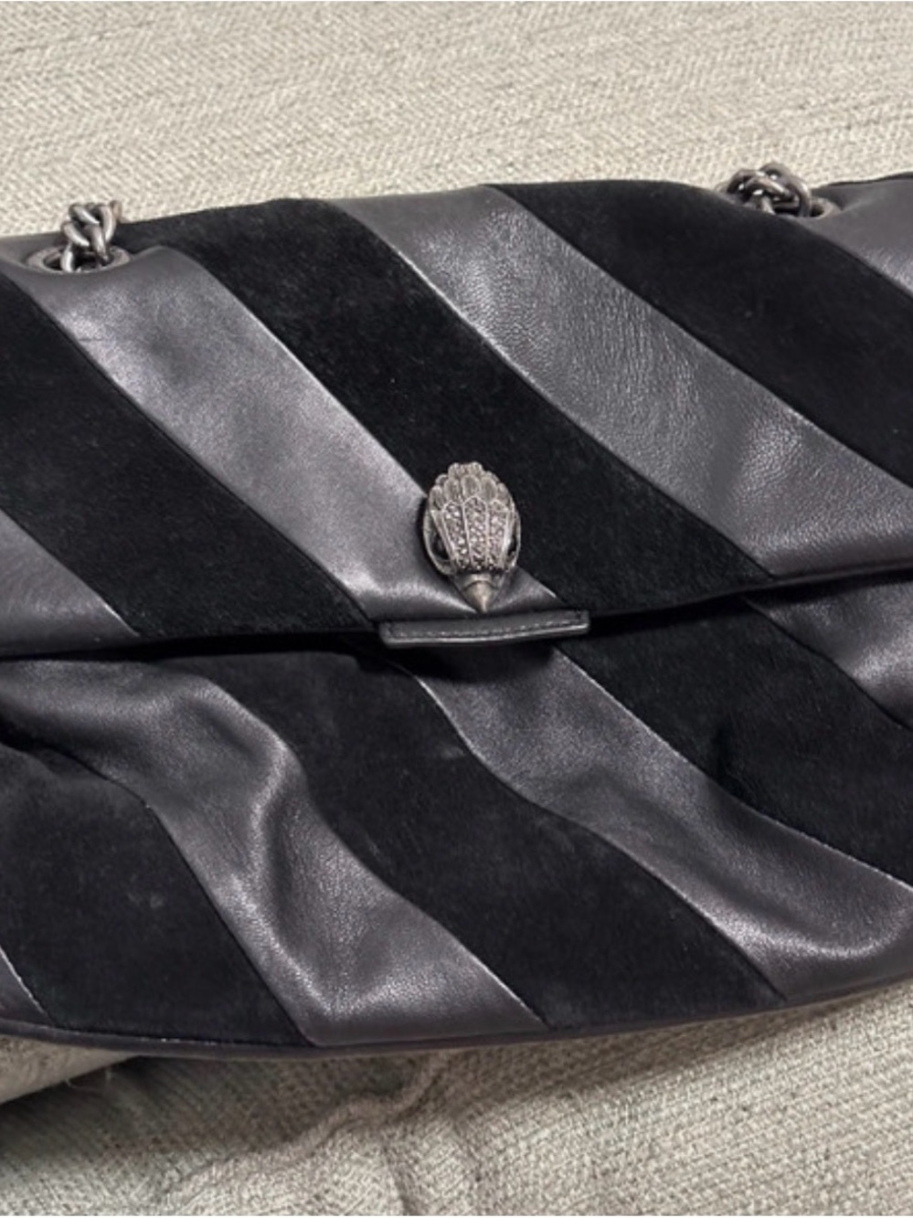Kurt Geiger Black Leather and Suede Diagonal-Stripe Shoulder Bag